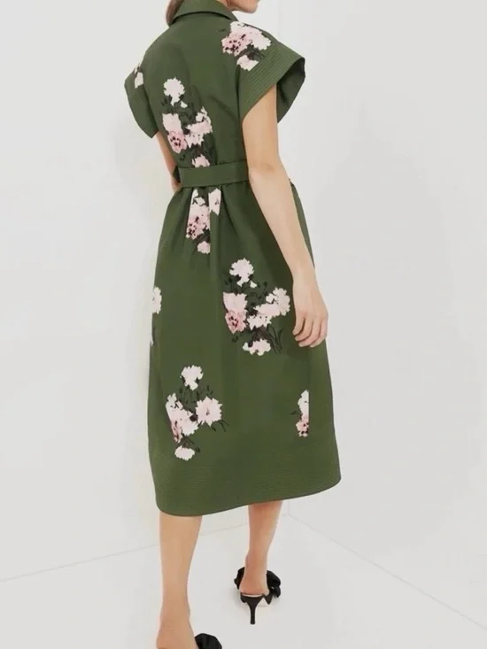 Tuckernuck Olive and Pressed Chloe Green Pink Floral Midi Dress Wide Sleeves Med - Picture 2 of 15